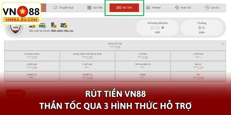 Rút tiền VN88 thần tốc qua 3 hình thức hỗ trợ